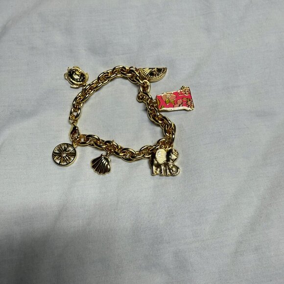 Lilly Pulitzer Gold Charm Bracelet w/ Dress Turtle Elephant Shell Orange EUC - Picture 2 of 7